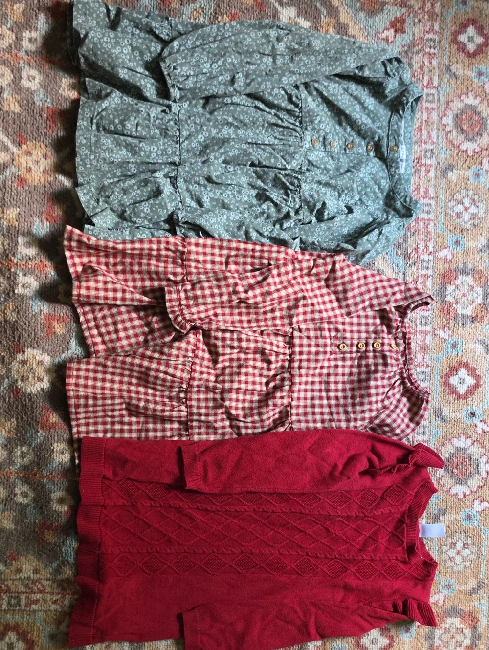 Lot Of 3 Size 6 Girls Holiday Dress Green Floral, Red Gingham, Red Knit